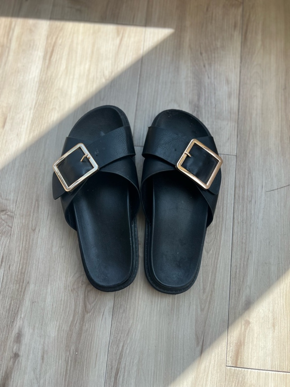 ASOS Black Slide Sandals with Gold Buckles